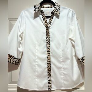 Chicos No Iron White Blouse with Leopard Print Accents Size 1, (8)